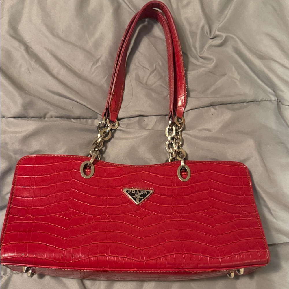 Prada Red Crocodile Embossed Shoulder Bag